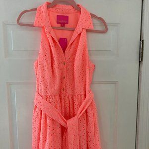 NWT Lilly Pulitzer Trisha Shirtdress, Shellona Coral Neon Sunburst Eyelet, 8